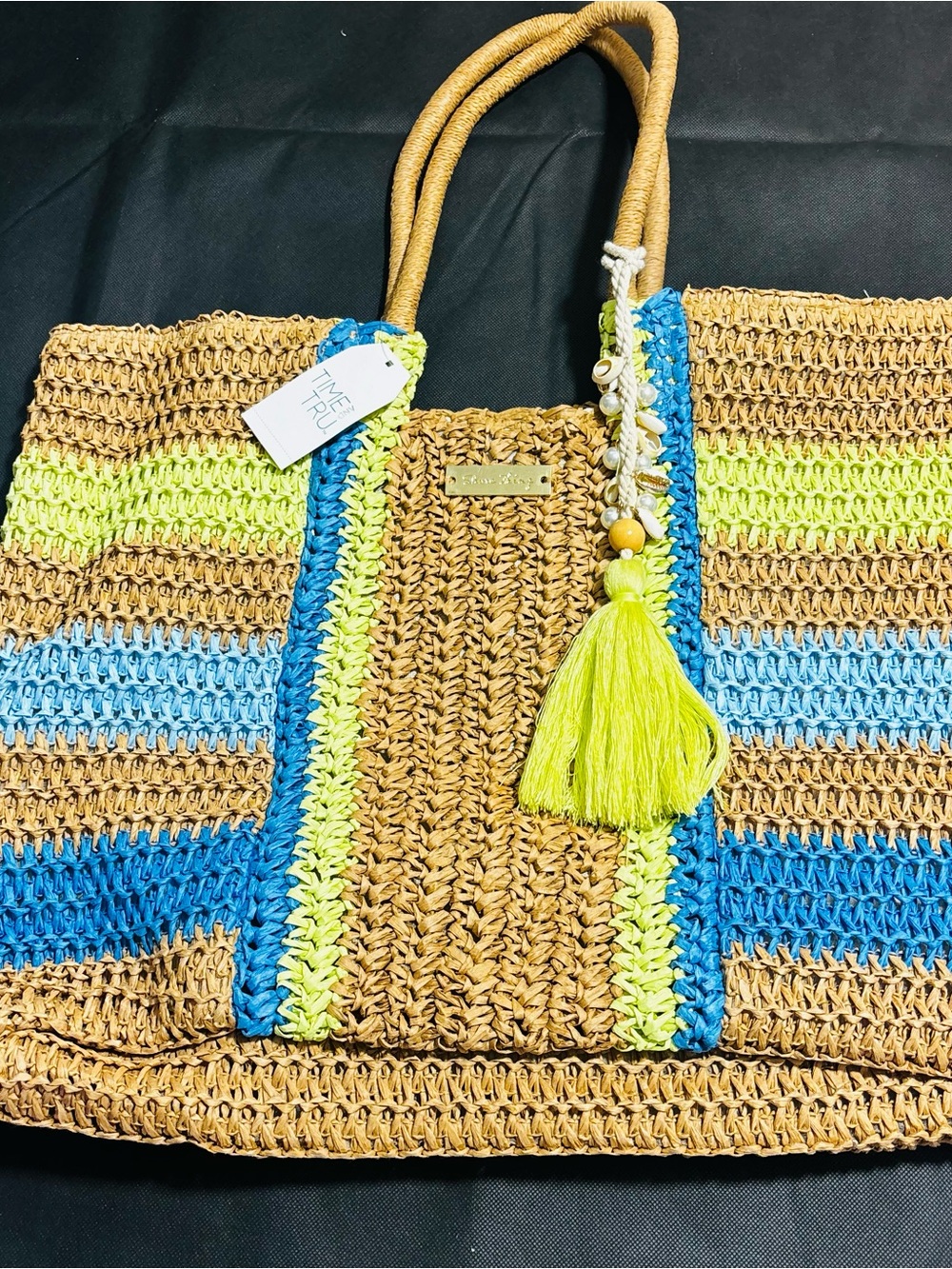 Woven Beach Bag Raffia Bondi Tote By Time & True Green/Blue Shell Charm NWT
